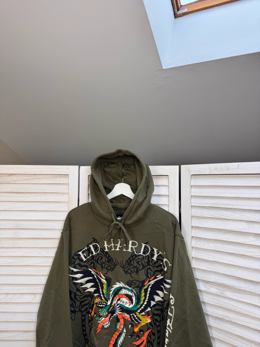 Ed Hardy Olive Zip-Up Graphic Hoodie with Multicolor Dragon